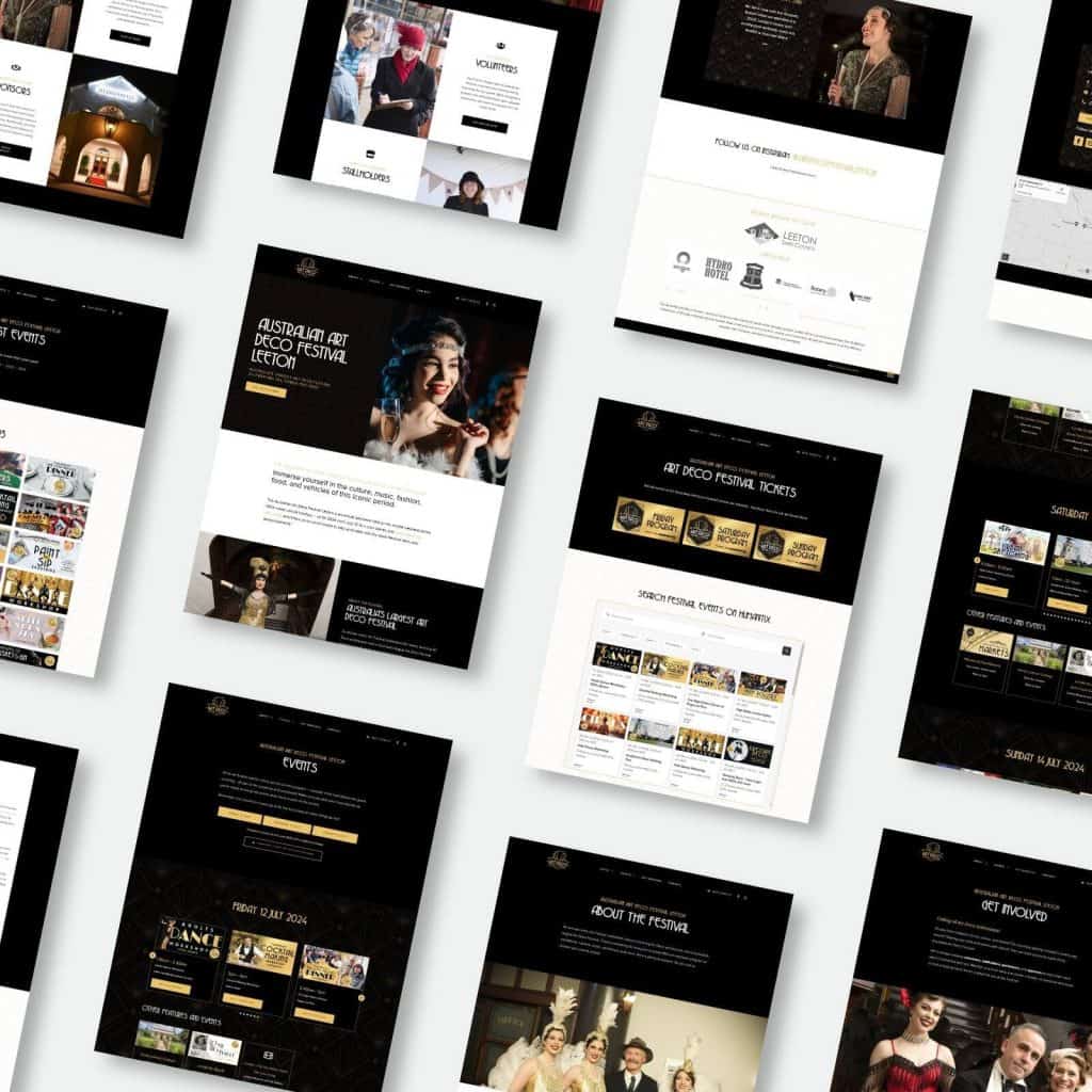 Multiple website pages are displayed in a grid layout, each showing different sections focused on events, tickets, and information about a festival.