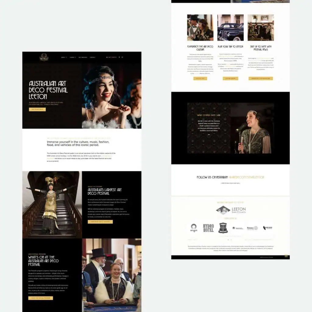 Screenshot of a website for the Australian Art Deco Festival Leeton, showing event details, images of people in 1920s attire, and sections for programme highlights and partners.