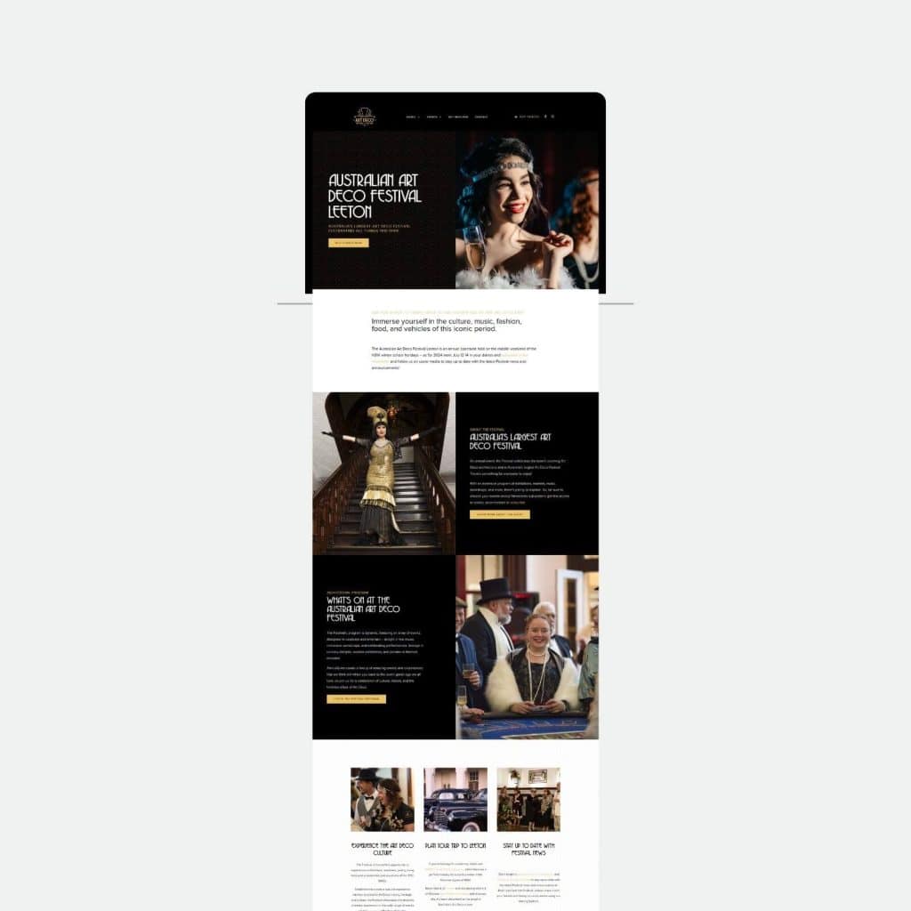 Screenshot of a festival website featuring images of people in 1920s attire, event information, and navigation links, with a focus on the Australian Art Deco Festival.