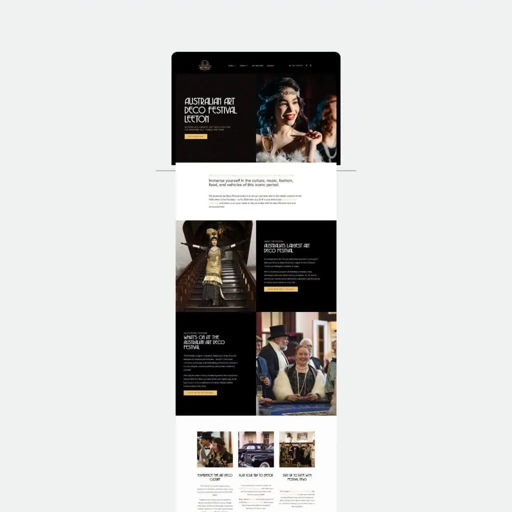 Screenshot of a festival website featuring images of people in 1920s attire, event information, and navigation links, with a focus on the Australian Art Deco Festival.