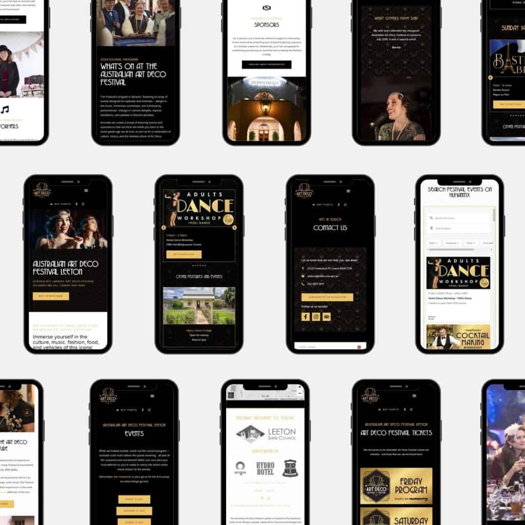 Fifteen mobile phones display various screens of a festival website, showcasing event details, tickets, sponsors, and workshops. The design features black and gold colours.