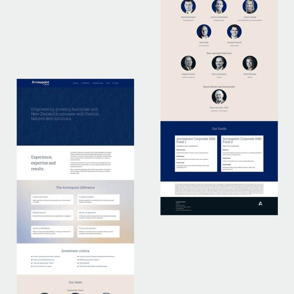 Screenshot of a corporate website featuring an introduction, key differences, investment criteria, team member photos with names and titles, and sections about corporate debt funds.