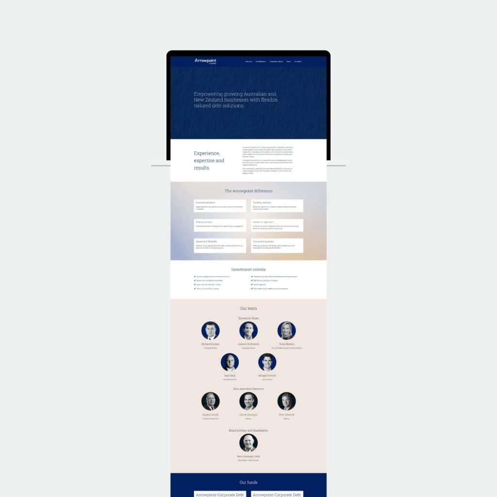 A website homepage displays sections on company experience, investment criteria, team member photos with names, and contact details, using a blue and white colour scheme.