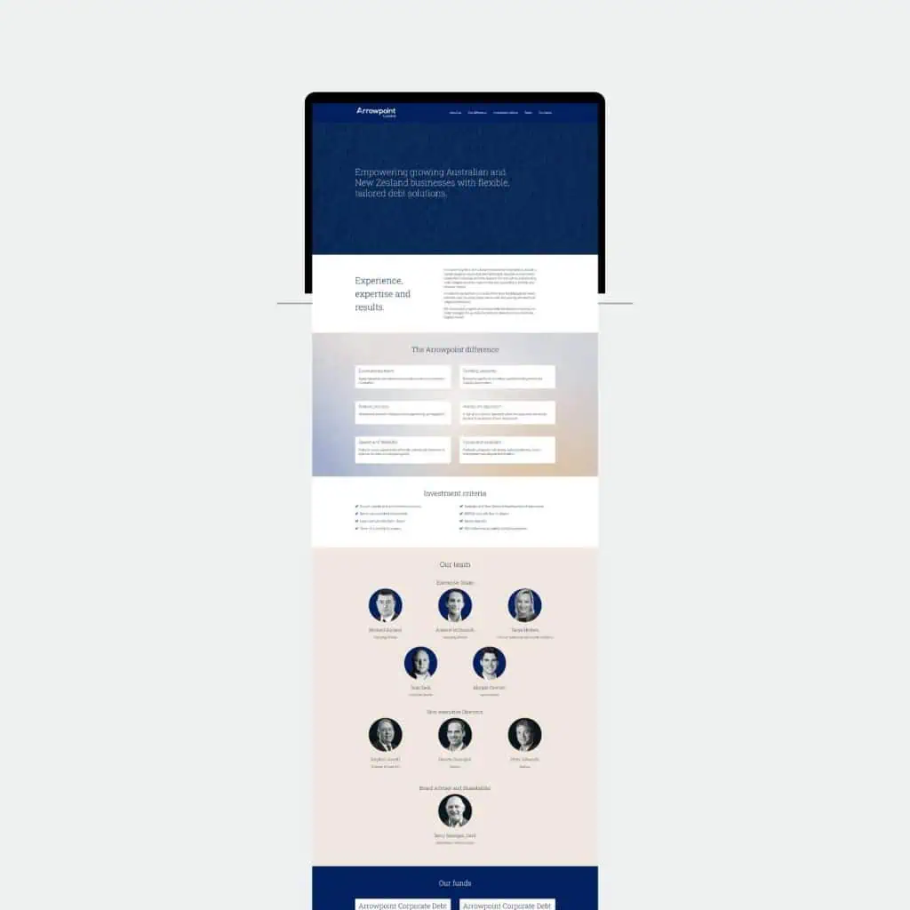 A website homepage displays sections on company experience, investment criteria, team member photos with names, and contact details, using a blue and white colour scheme.