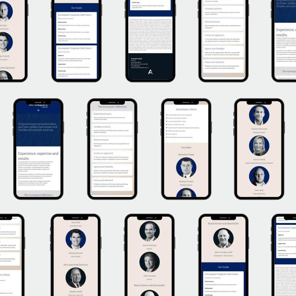 A grid of mobile phone screens displays a business website with text, blue headings, and black-and-white portraits of men in professional attire.