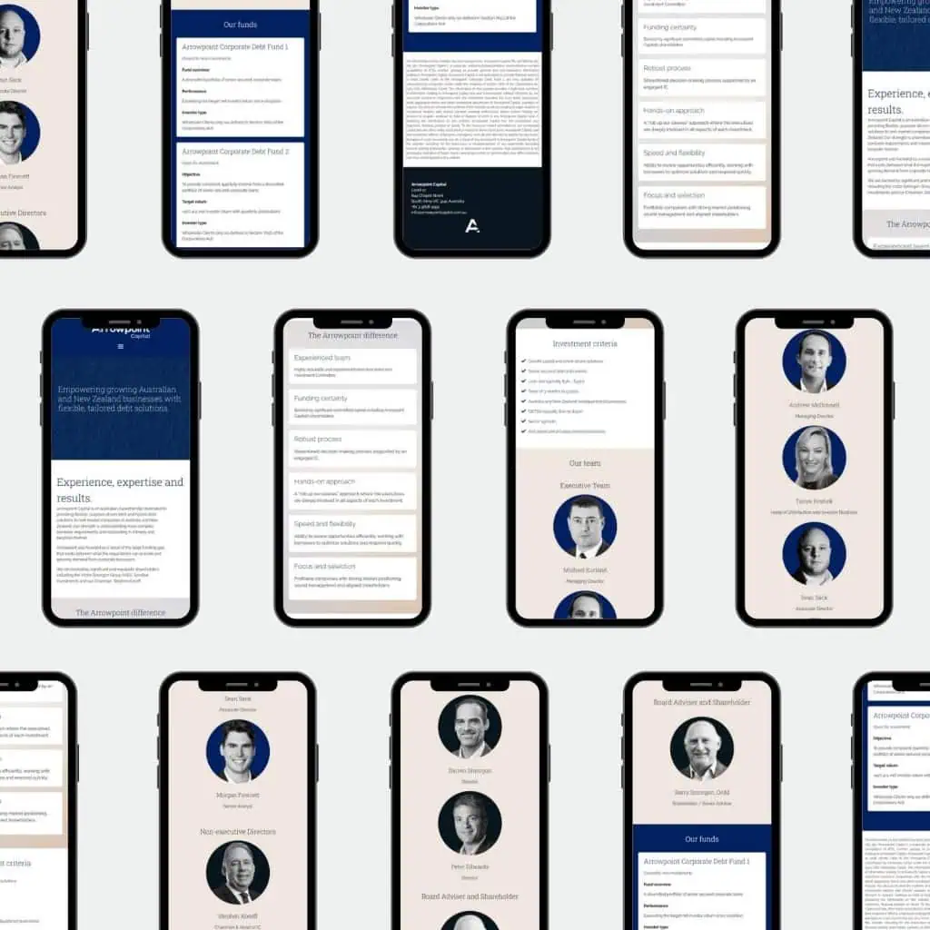 A grid of mobile phone screens displays a business website with text, blue headings, and black-and-white portraits of men in professional attire.
