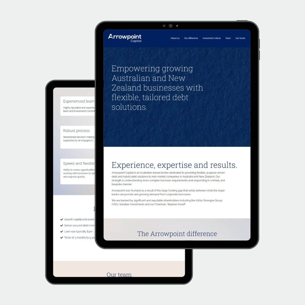 Two tablet screens display the Arrowpoint Capital website, highlighting tailored debt solutions for Australian and New Zealand businesses.