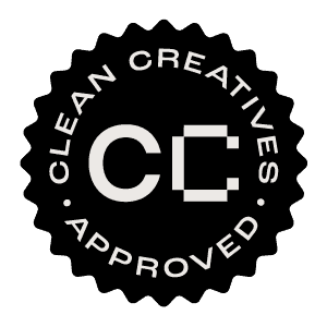Black circular badge with white text reading "Clean Creatives Approved" and a stylised "CC" logo in the centre.