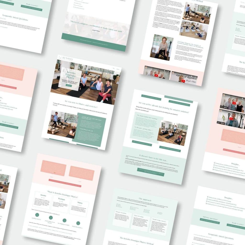 Several website pages are arranged in a flat lay view, displaying layouts with text, images of people, headings, and colour blocks in pastel shades of green, pink, and white.