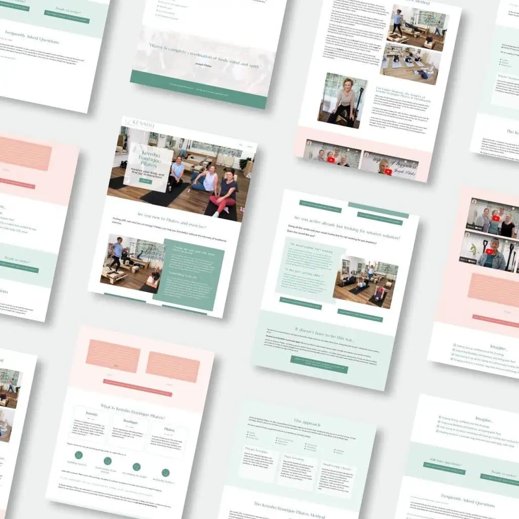 Several website pages are arranged in a flat lay view, displaying layouts with text, images of people, headings, and colour blocks in pastel shades of green, pink, and white.