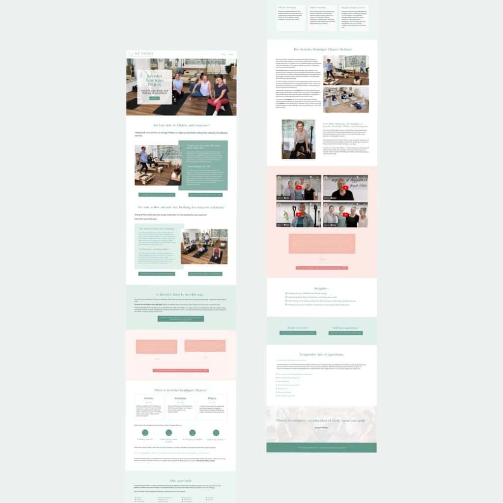 Screenshot of a wellbeing website showing sections with group exercise photos, instructor bios, service descriptions, testimonials, pricing tables, and contact information on a light background.