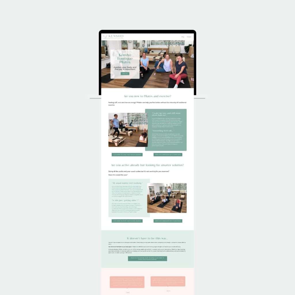 Screenshot of a Pilates studio website showcasing instructors, clients exercising, class information, and studio details in a clean, modern layout.