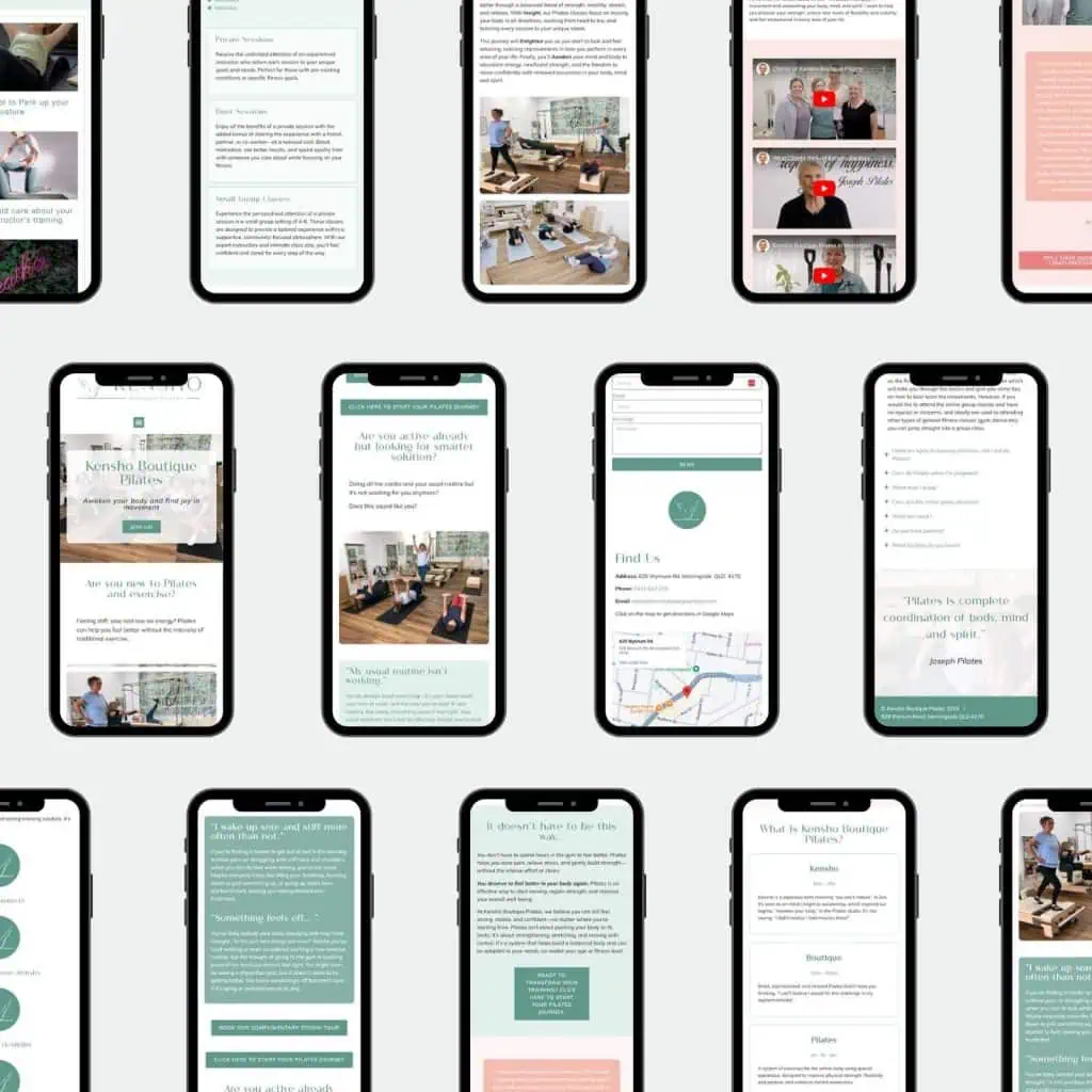 Fifteen mobile phones display various pages of a website, featuring text, images, videos, and a map, all arranged against a light background.