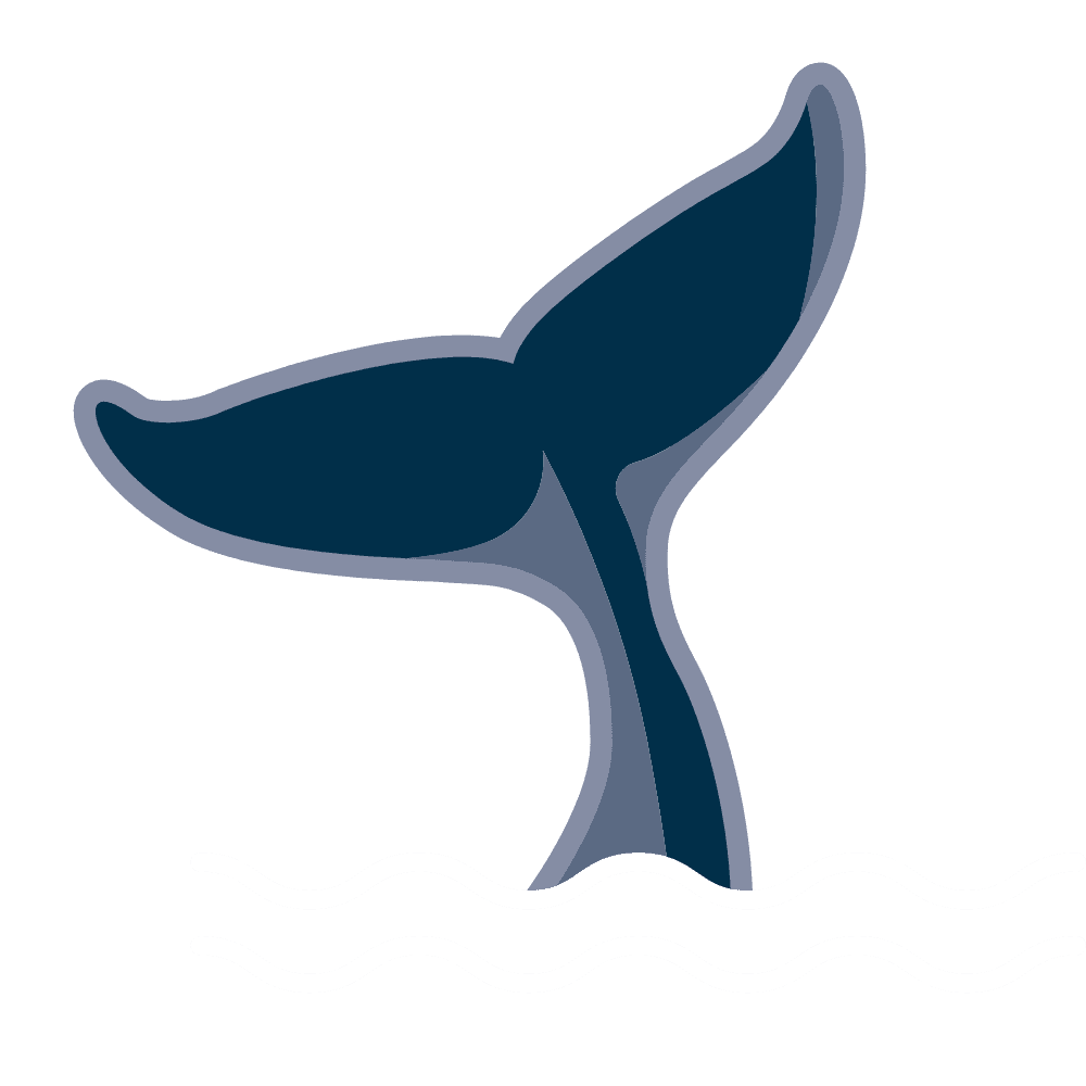 Illustration of a dark blue whale tail partially submerged in water, with white waves and a light grey background.