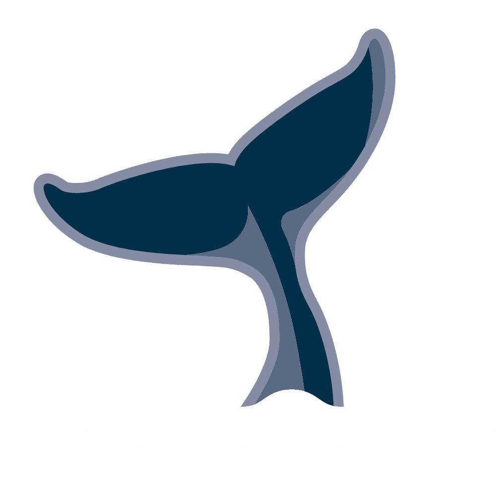 Illustration of a dark blue whale tail partially submerged in water, with white waves and a light grey background.