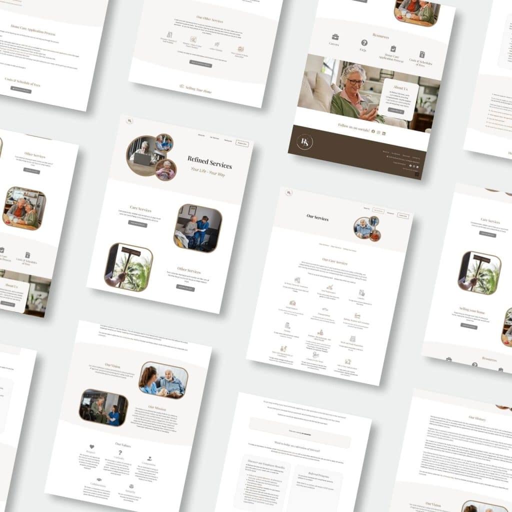 Several website pages with a clean, minimal design featuring images, icons, and text sections are displayed in an overlapping, angled layout on a light background.