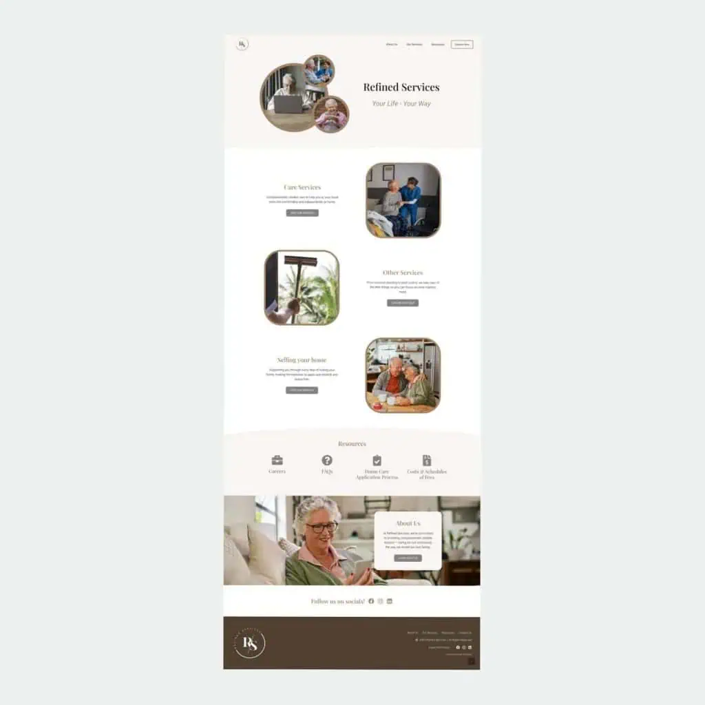 Screenshot of a website homepage for care services, featuring photos of carers and elderly people, service descriptions, review stars, and contact information in a clean, neutral design.