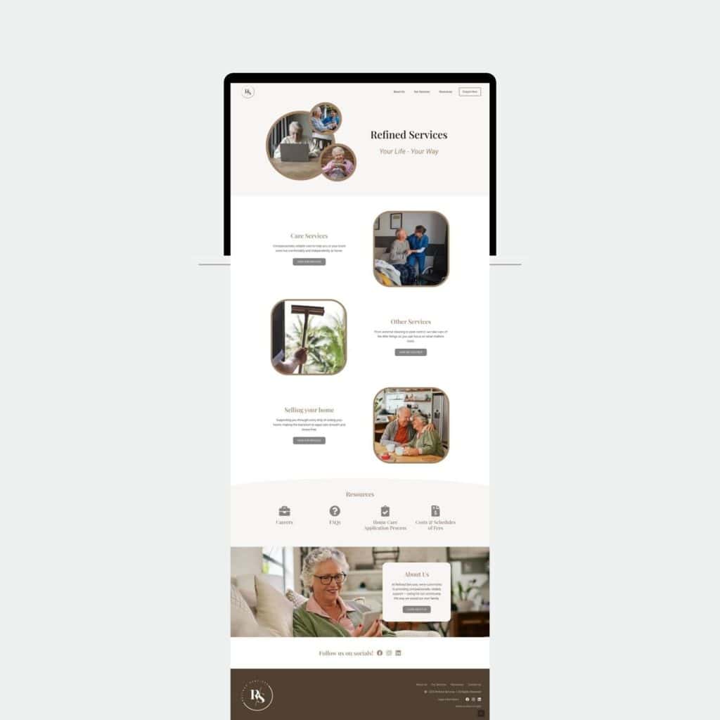 A website homepage mock-up displays service categories with images, brief descriptions, navigation menu, resource icons, and a footer on a white background.