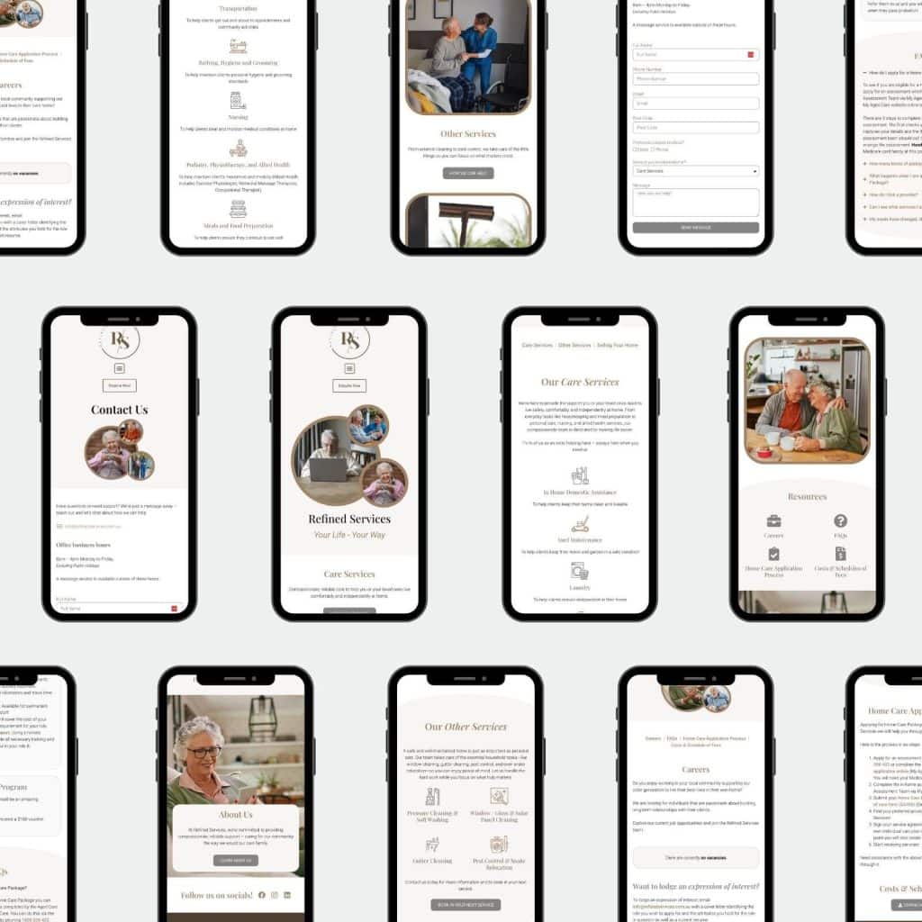 Fifteen mobile phones display various pages of a senior care website, including services, contact forms, staff photos, and information sections against a light background.