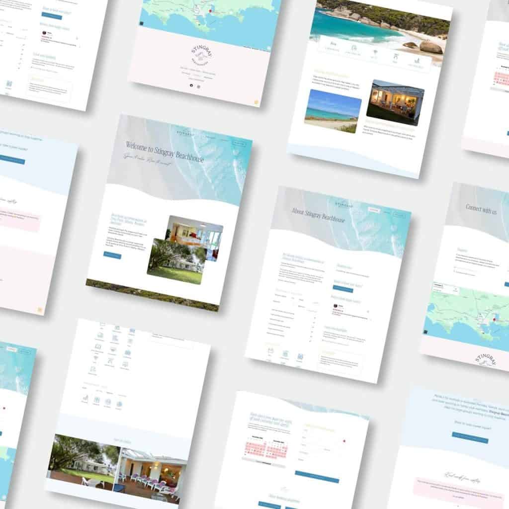 Flat lay of multiple website design mock-ups for a beach house, displaying various pages with images, maps, booking forms, and contact information on a light background.