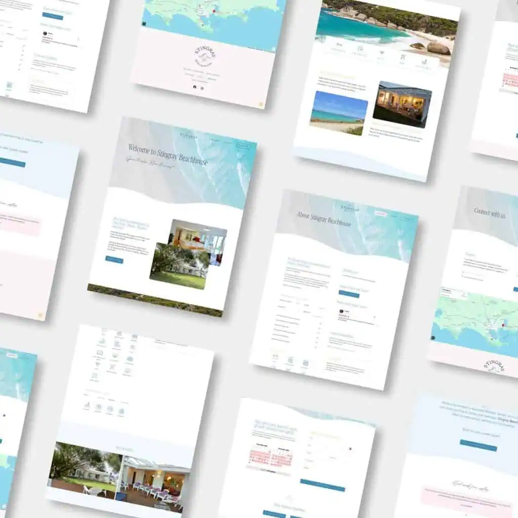 Flat lay of multiple website design mock-ups for a beach house, displaying various pages with images, maps, booking forms, and contact information on a light background.