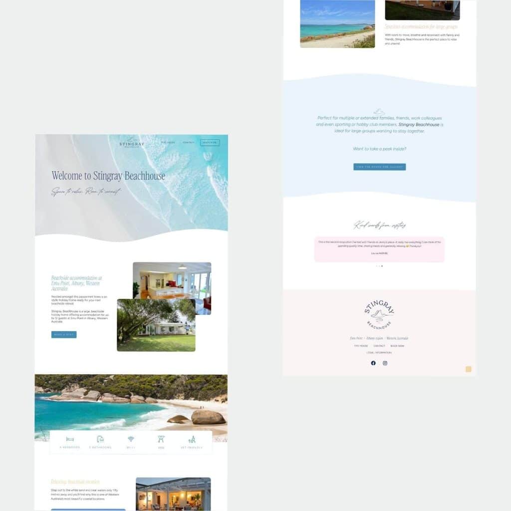 Screenshot of a website for Stingray Beachhouse featuring sections with beach photos, accommodation details, amenities, and contact information in a clean, modern layout.