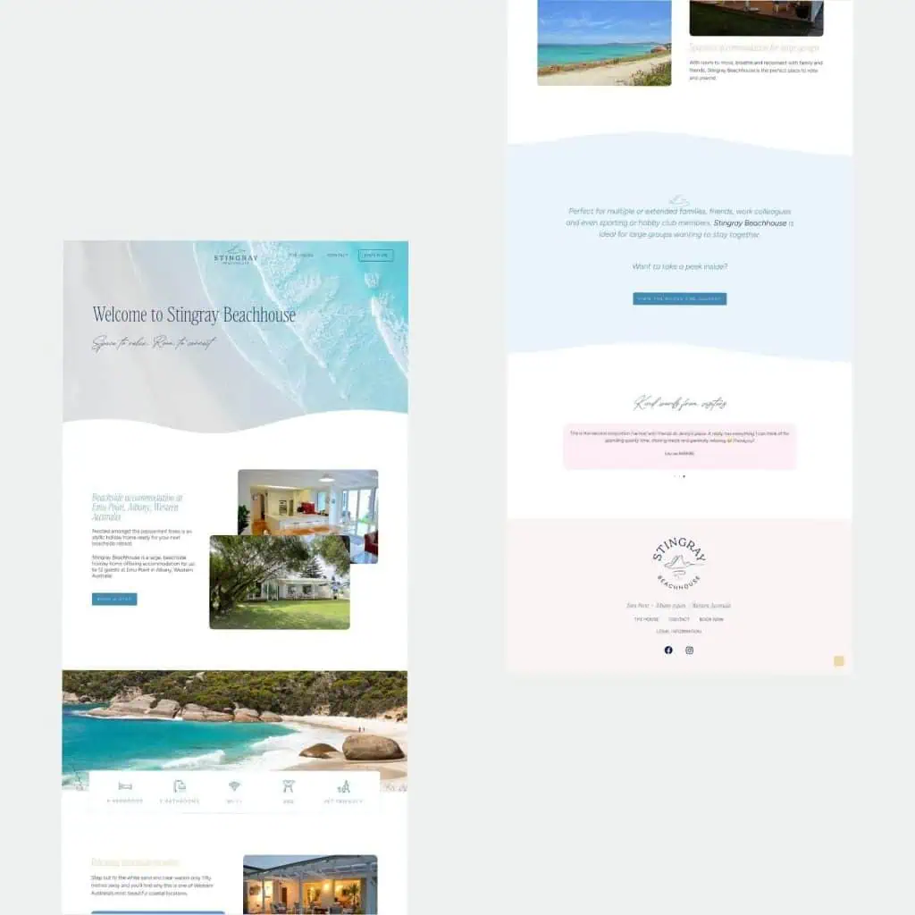 Screenshot of a website for Stingray Beachhouse featuring sections with beach photos, accommodation details, amenities, and contact information in a clean, modern layout.