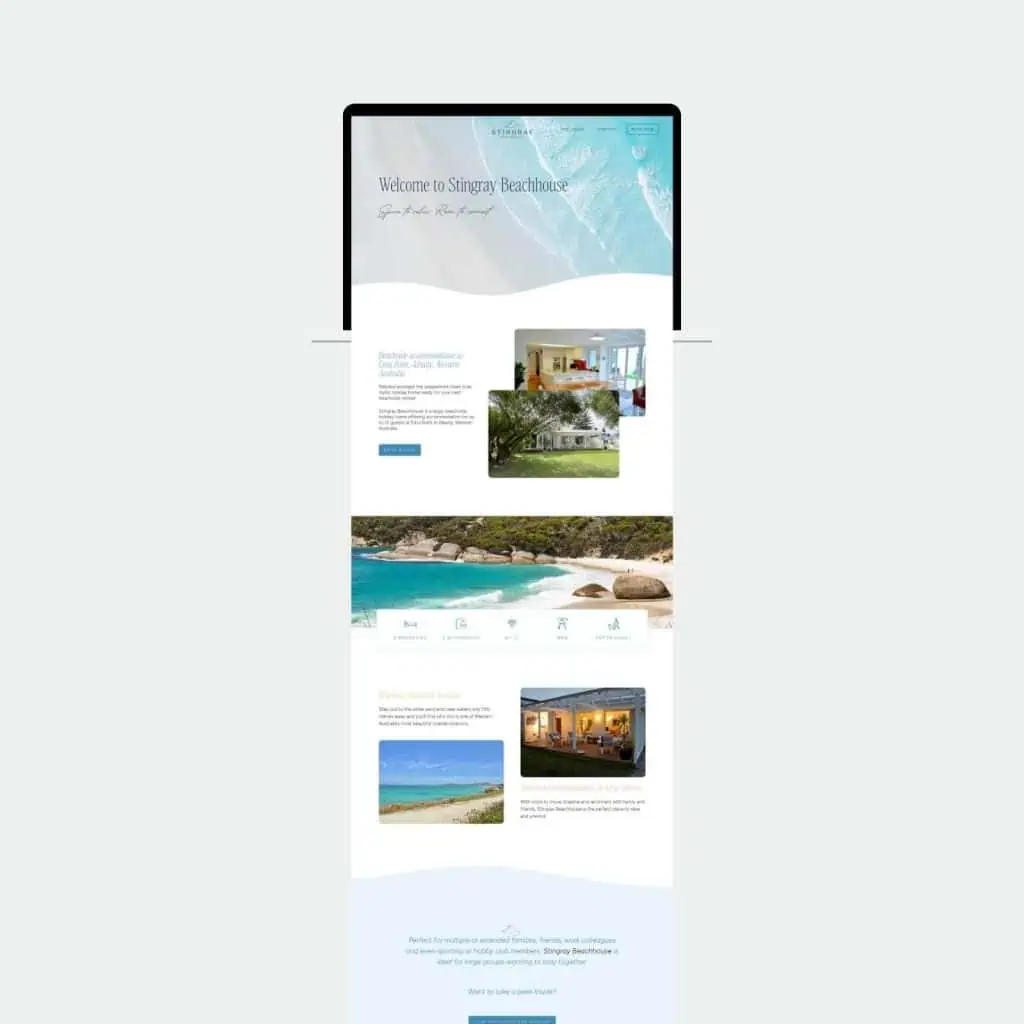 A computer screen displays a website for Stingray Beachhouse, featuring beach images, property photos, and sections about accommodation and amenities.