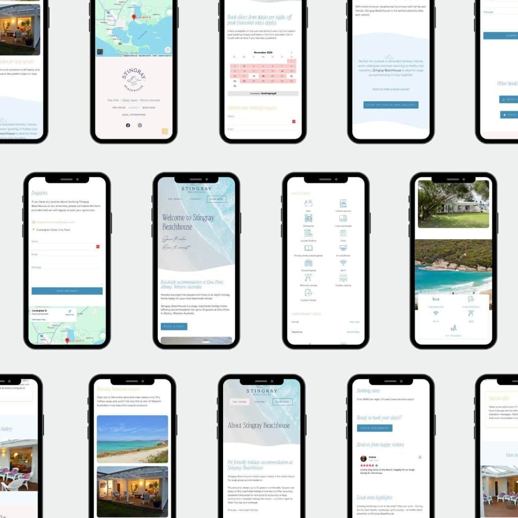 Fifteen smartphones display various screens from a beachhouse website, showing maps, property photos, booking forms, and information icons on a light background.