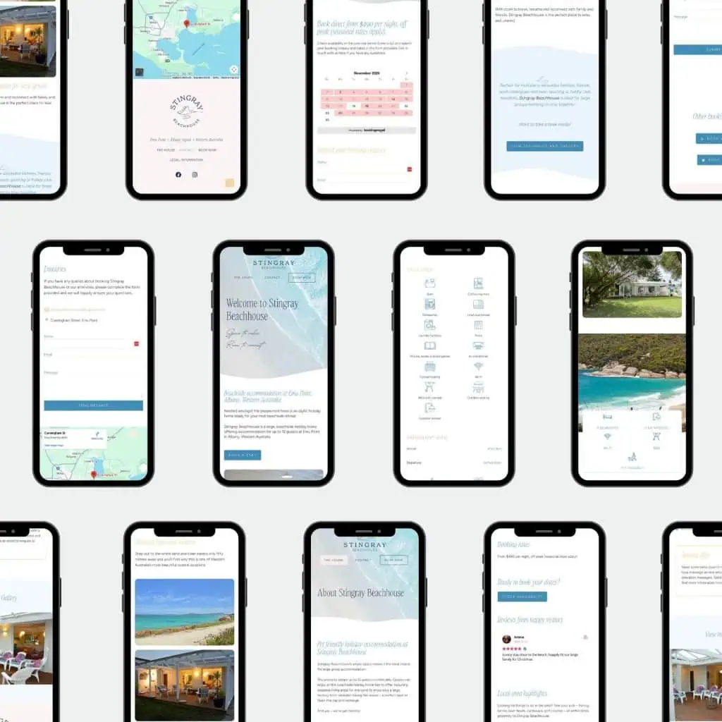 Fifteen smartphones display various screens from a beachhouse website, showing maps, property photos, booking forms, and information icons on a light background.
