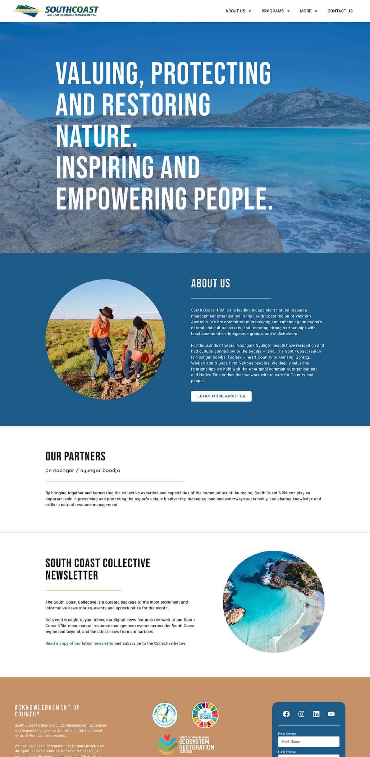 Screenshot of the Southcoast Collective website homepage, featuring coastal images, organisational mission, partner information, newsletter sign-up, and footer with logos and social media links.