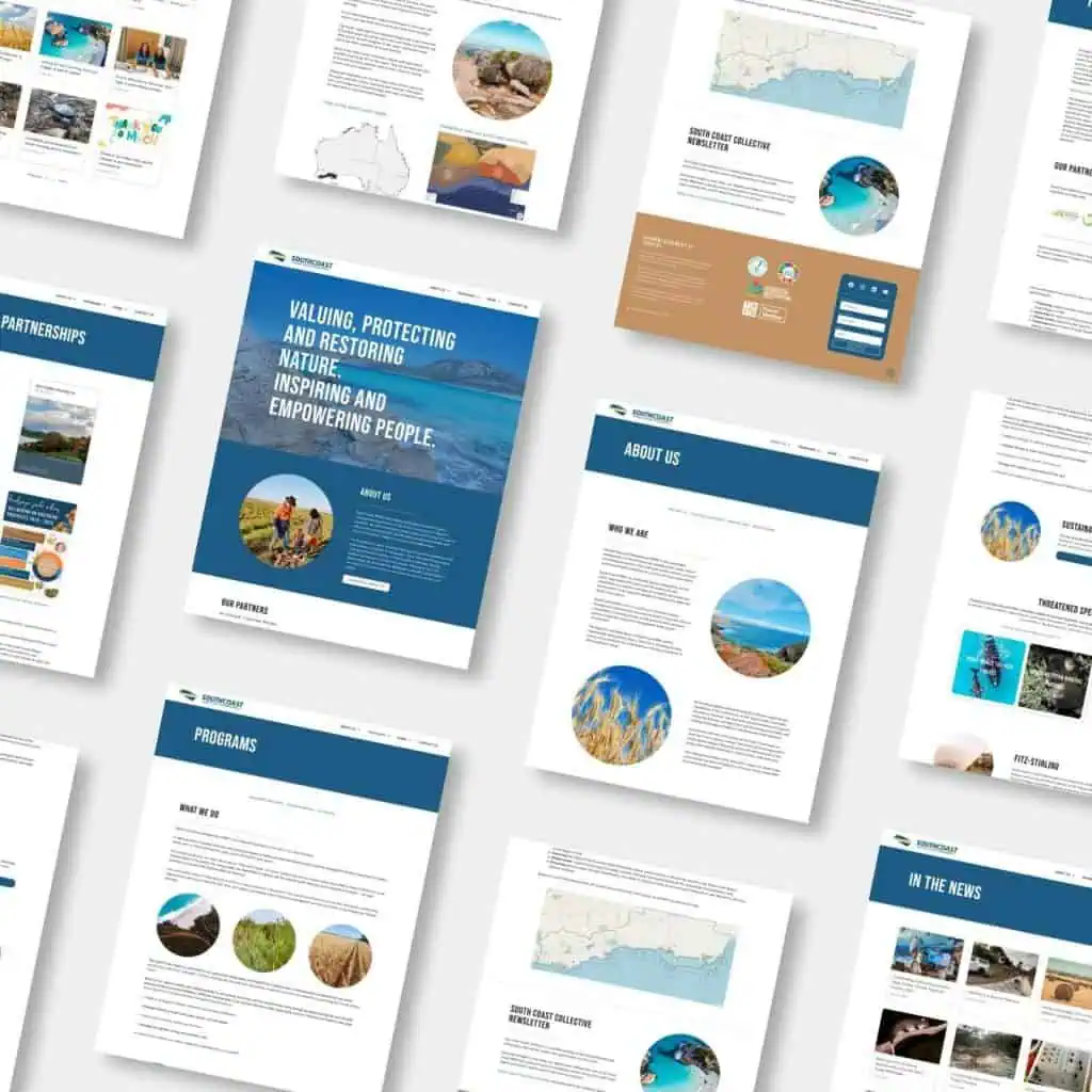 A flat lay of various environmental organisation website pages featuring text, maps, charts, and nature photographs on white backgrounds.