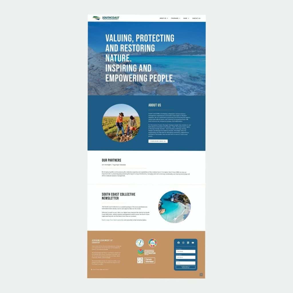 Screenshot of a website homepage with a banner stating, "Valuing, protecting and restoring nature. Inspiring and empowering people," plus sections about the organisation's mission, partners, and newsletter.