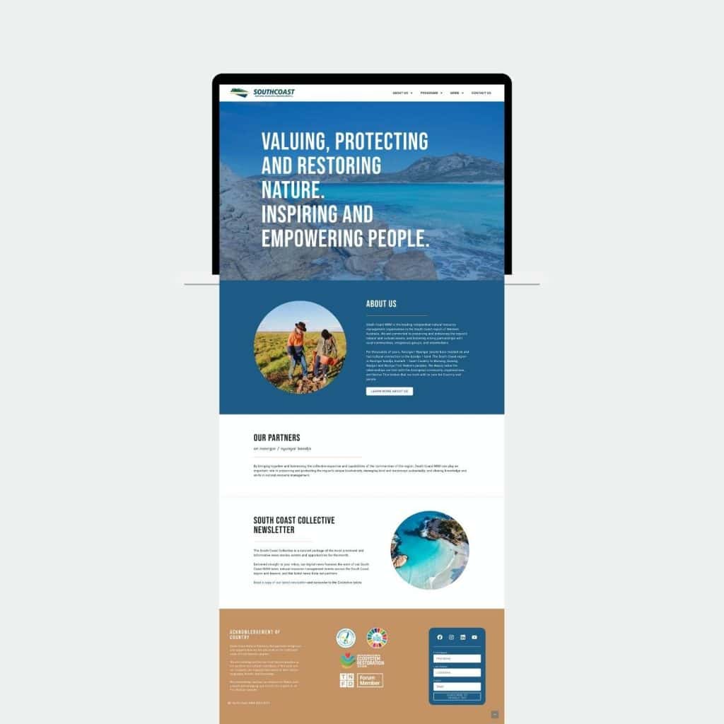 A laptop screen displays a website with a nature theme, showing sections titled About Us, Our Partners, Newsletter, and images of landscapes and people outdoors.