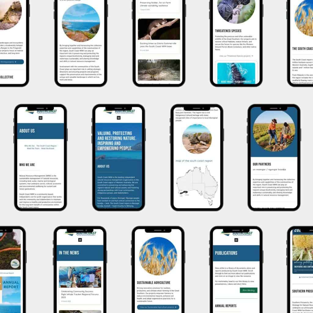 Multiple mobile phones display various screens from a nature and conservation-focused website, featuring articles, maps, images of wildlife, and informational text.