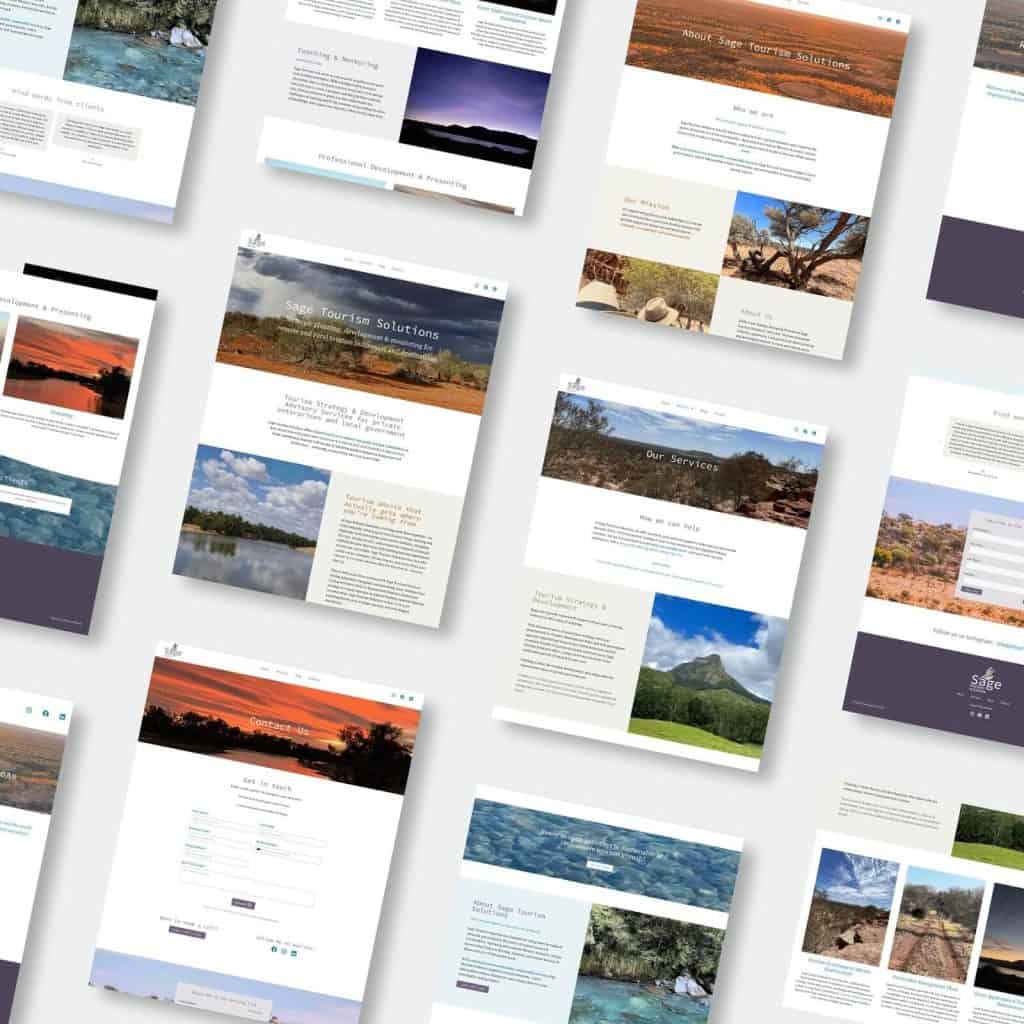 A grid of website mock-ups displayed at an angle, featuring nature-themed images, text sections, and various layouts in muted colour palettes.