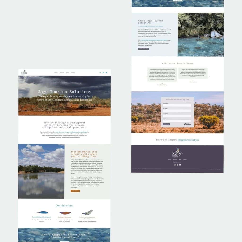 Screenshot of a tourism consultancy website featuring a landscape header, service descriptions, client testimonials, a contact form, and social media links, with nature imagery throughout.