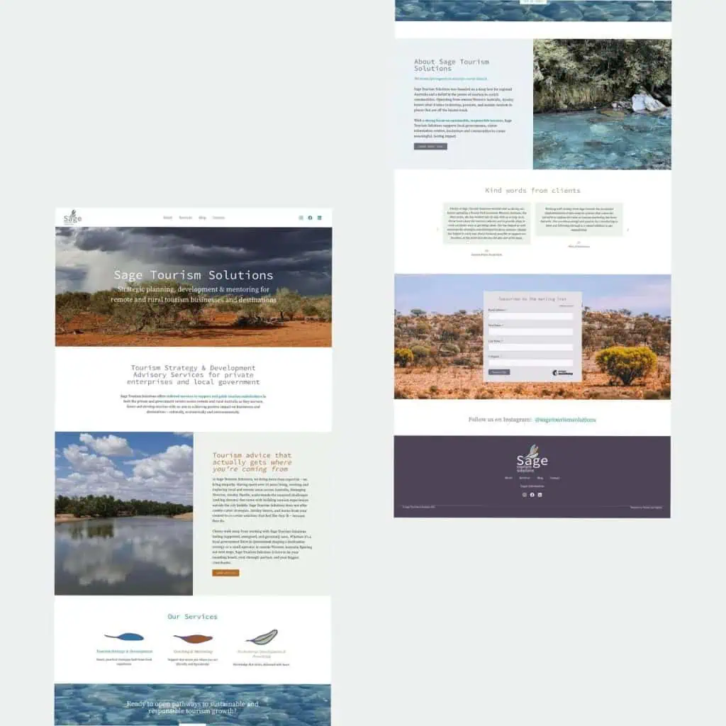 Screenshot of a tourism consultancy website featuring a landscape header, service descriptions, client testimonials, a contact form, and social media links, with nature imagery throughout.