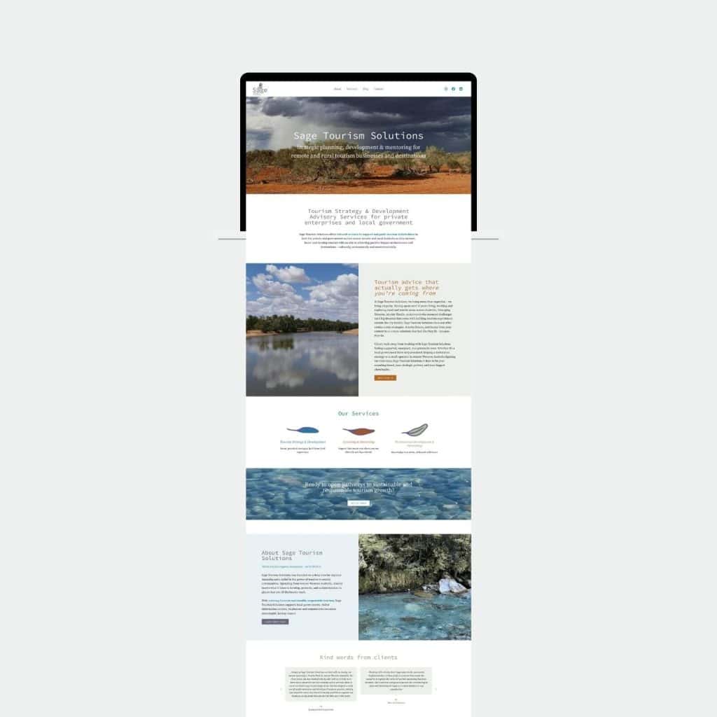 Screenshot of a website titled Sage Tourism Solutions, featuring nature images, service descriptions, client testimonials, and a navigation menu at the top.