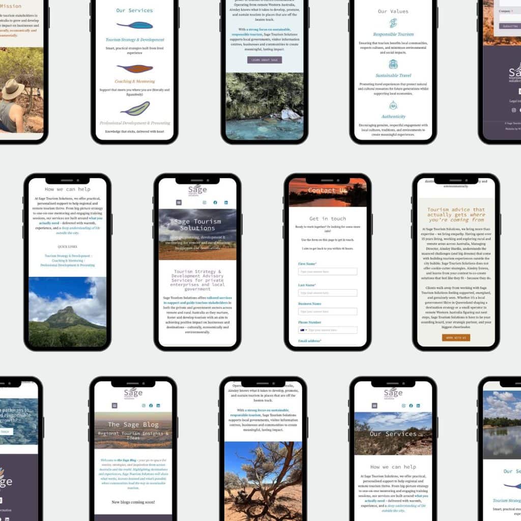 Fifteen smartphone screens display various pages of a tourism-related website, showing text, images, contact forms, and service descriptions in a grid layout.