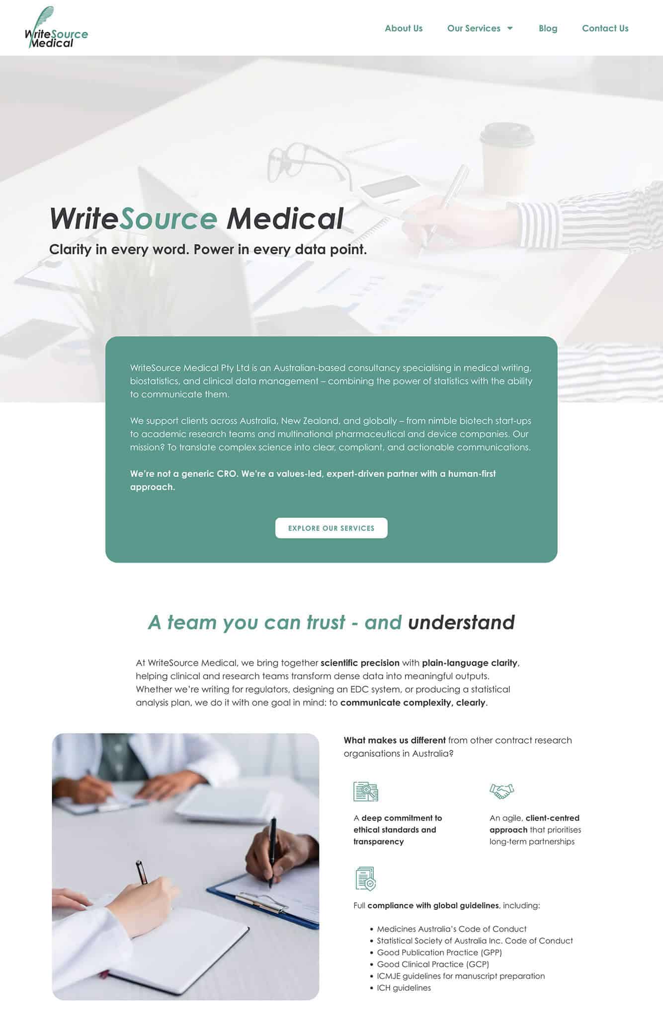 A website homepage for WriteSource Medical, featuring information about their medical writing and consultancy services, with sections about their expertise, approach, and a call-to-action button.