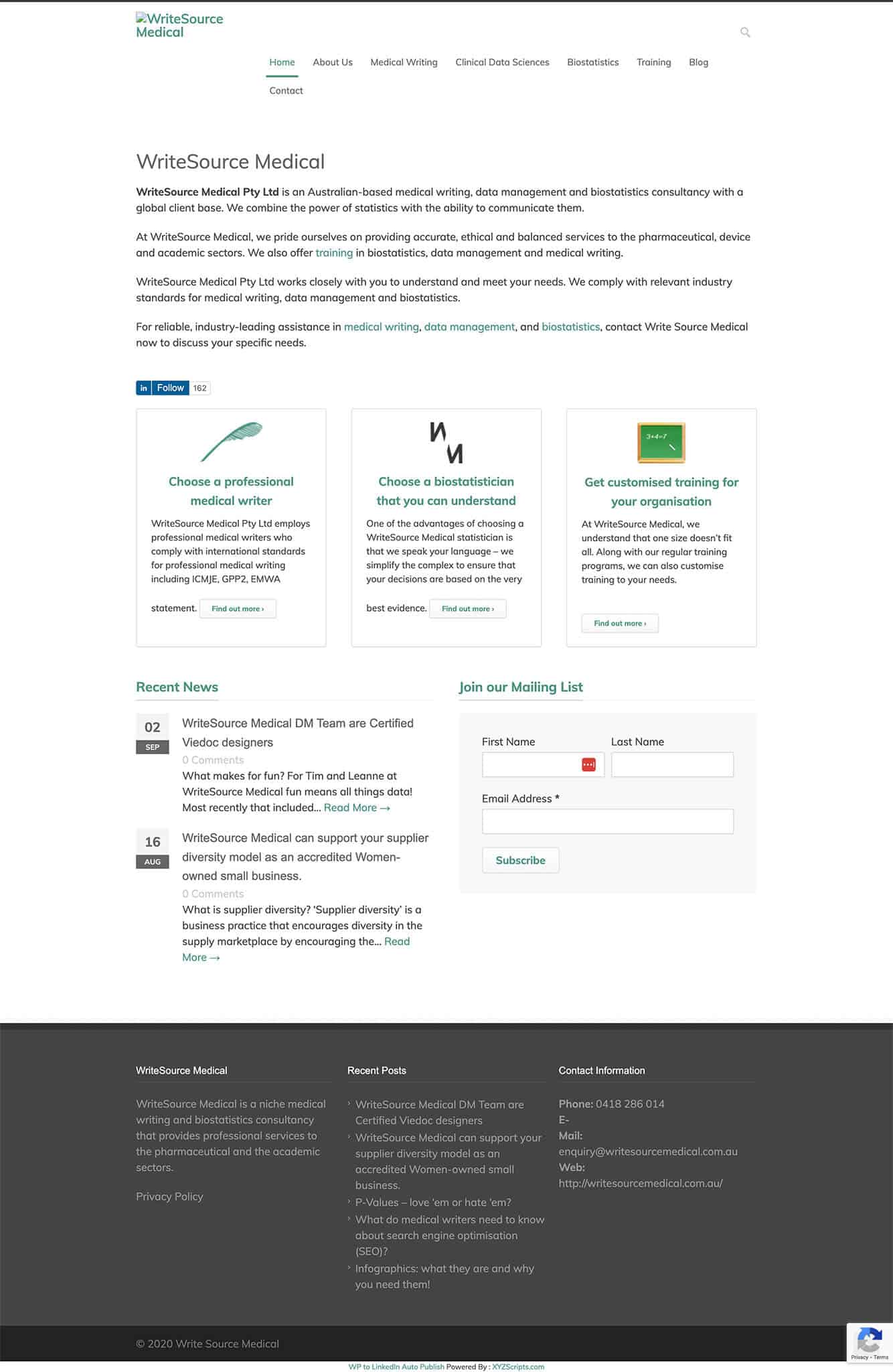 Screenshot of the WriteSource Medical website homepage featuring navigation links, service descriptions, recent news, newsletter sign-up, and contact information.