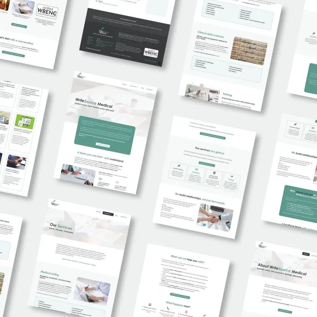 A flat-lay display of various website pages featuring medical and business-related content, shown with a clean, professional design and teal accents.