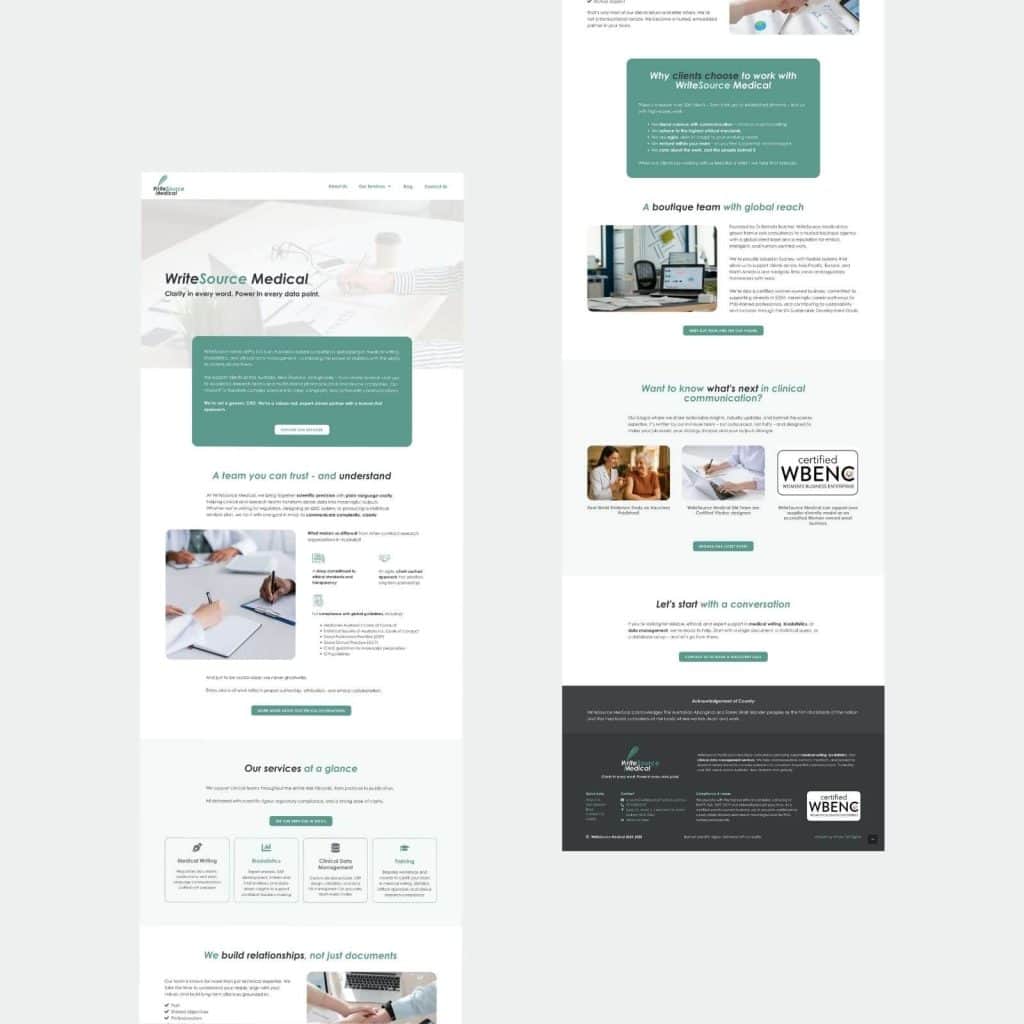 Screenshot of a professional website for WriteSource Medical, featuring sections on services, team information, client benefits, and contact details, with a modern, clean design in green and white tones.