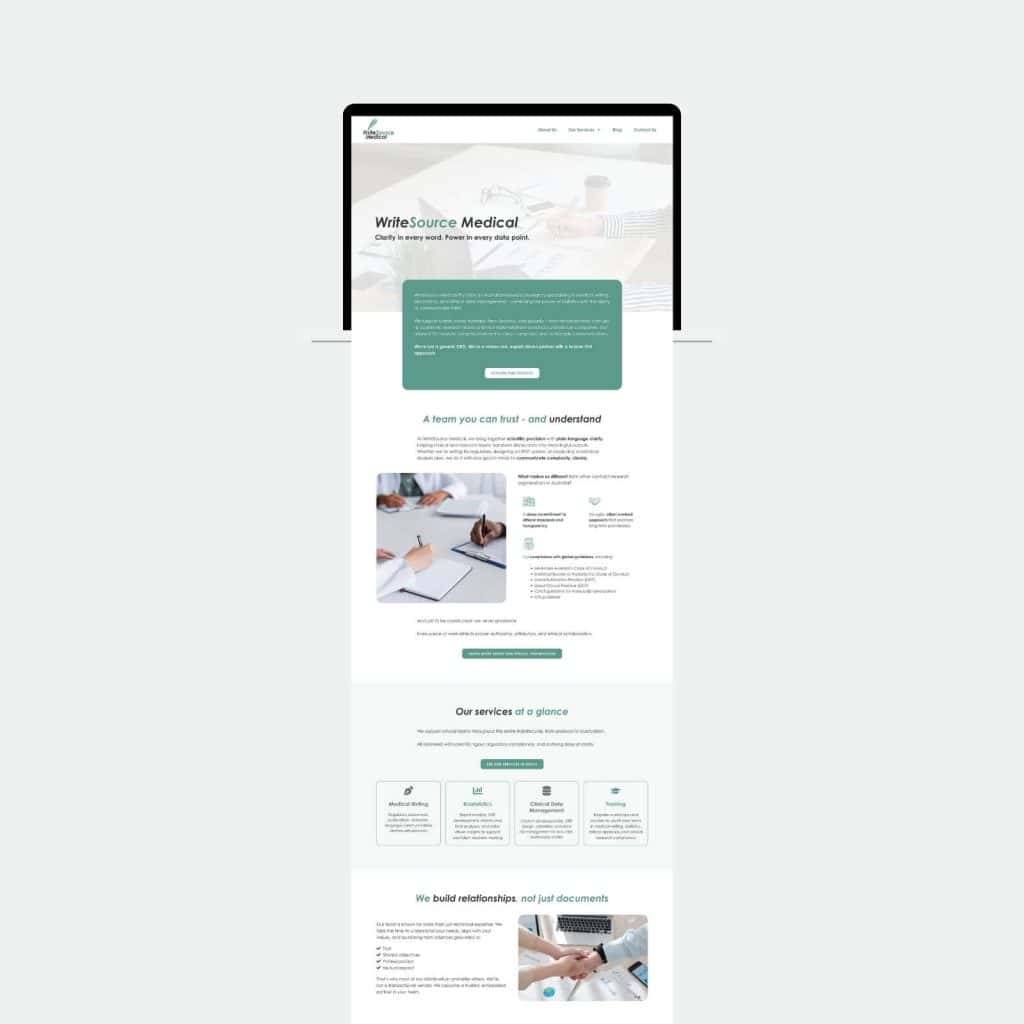 Screenshot of a medical services website homepage displaying sections about services offered, a team introduction, and contact details, with teal and white colour scheme and images of medical documents.