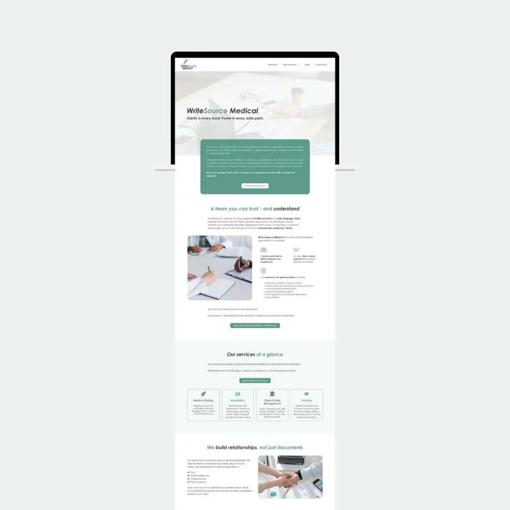 Screenshot of a medical services website homepage displaying sections about services offered, a team introduction, and contact details, with teal and white colour scheme and images of medical documents.