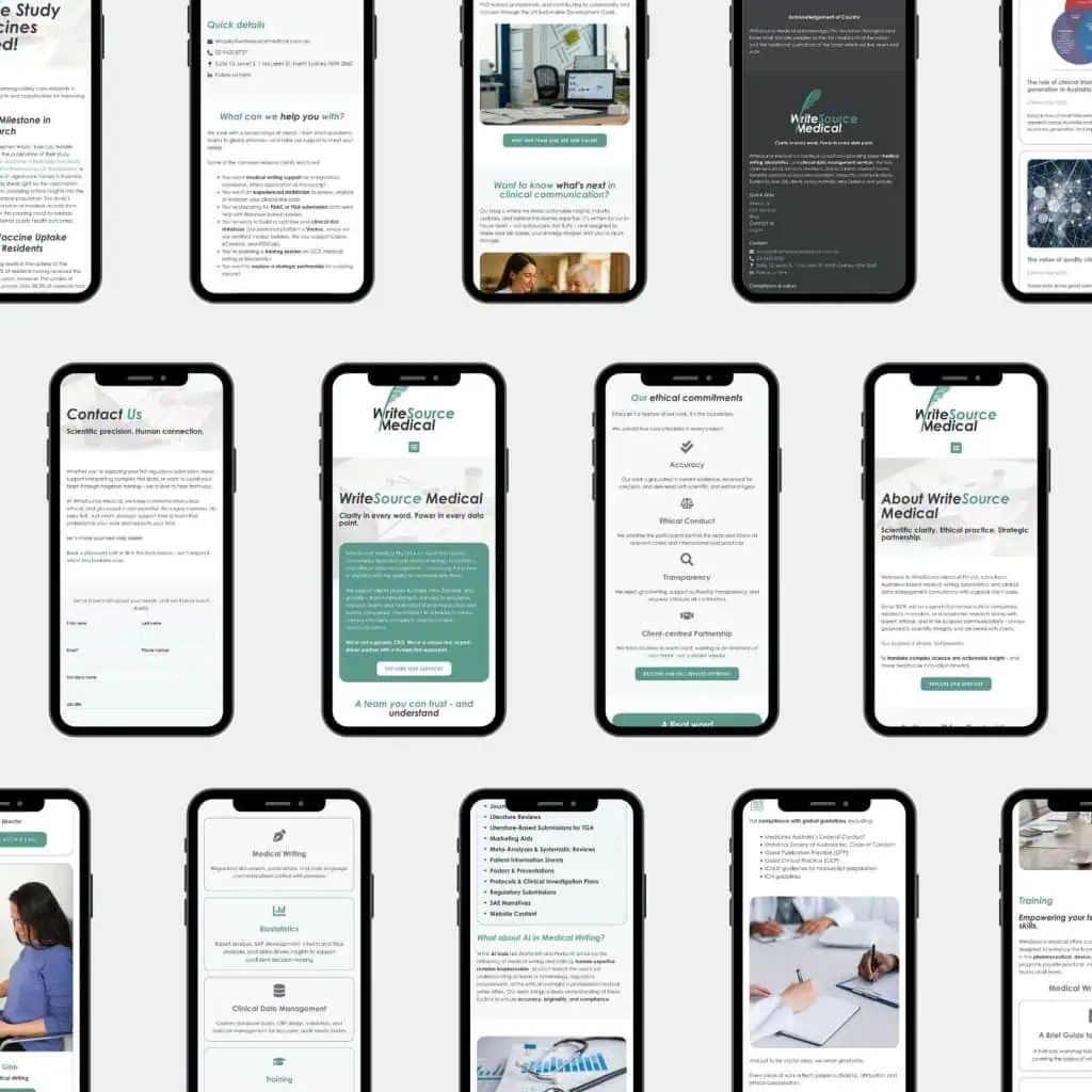 Fifteen smartphones display different screens of the WriteSource Medical website, featuring text, headings, contact forms, and medical-related imagery on a light grey background.