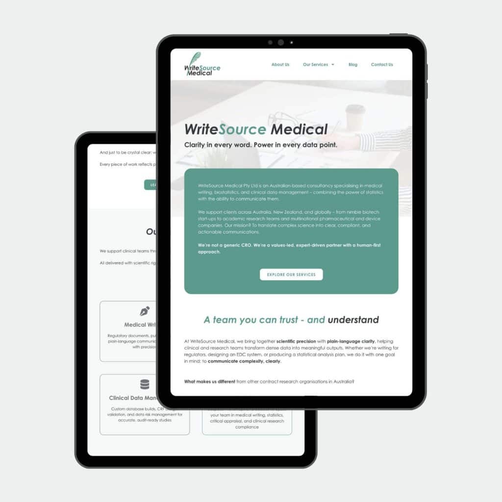 Two tablet screens display the WriteSource Medical website homepage, featuring the company logo, navigation menu, and sections about their medical writing and consultancy services.