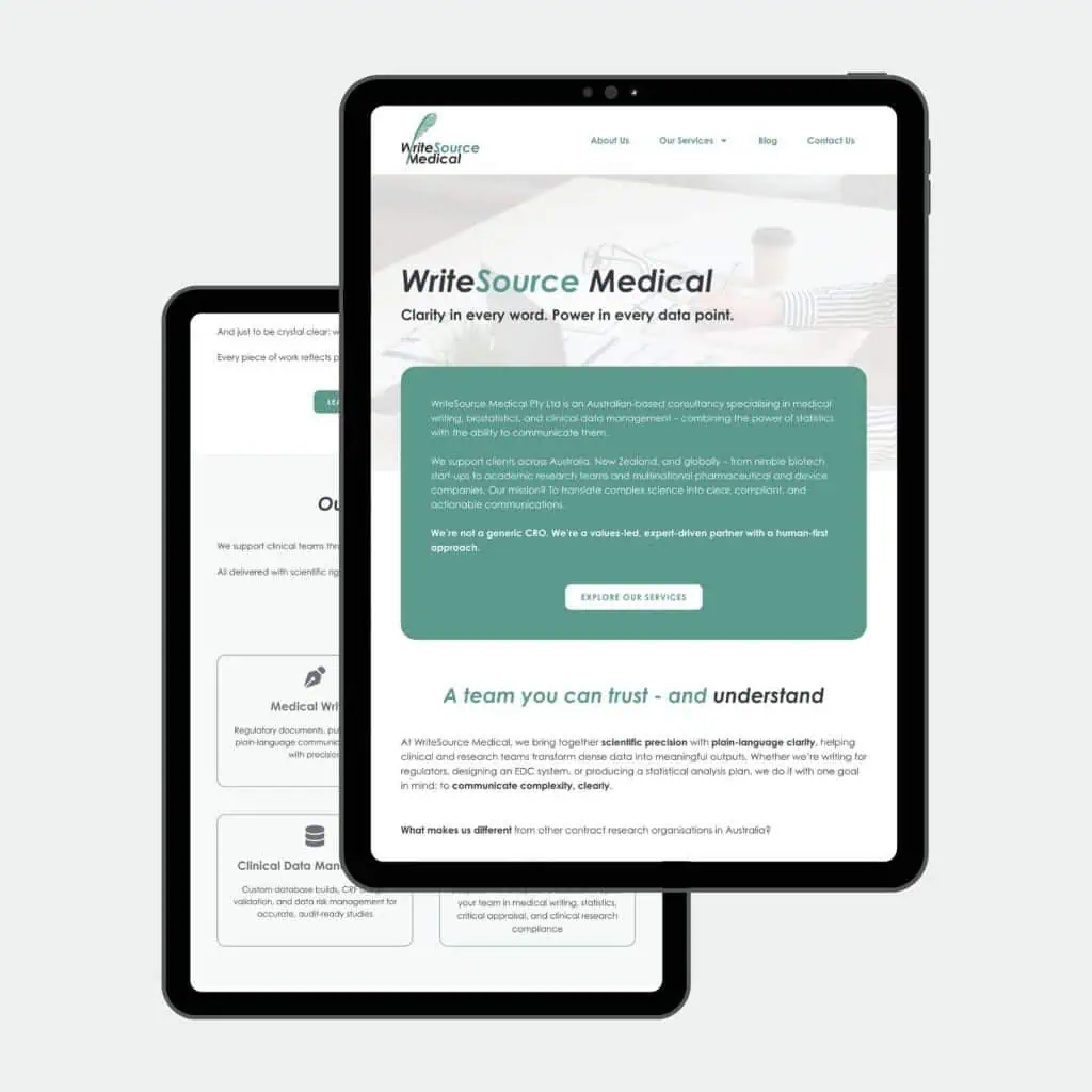 Two tablet screens display the WriteSource Medical website homepage, featuring the company logo, navigation menu, and sections about their medical writing and consultancy services.