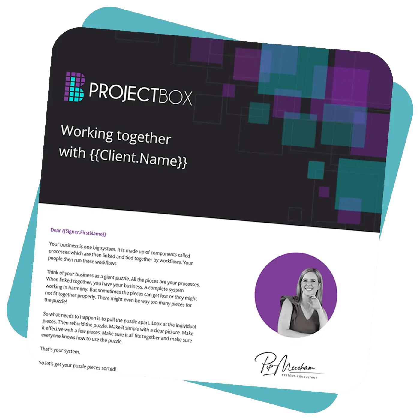 A ProjectBox flyer with a geometric design, text, and a photo of a woman smiling, arms folded.